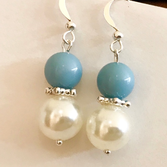 Silver Light Blue Bead Pearl Earrings Handmade - Picture 4 of 8
